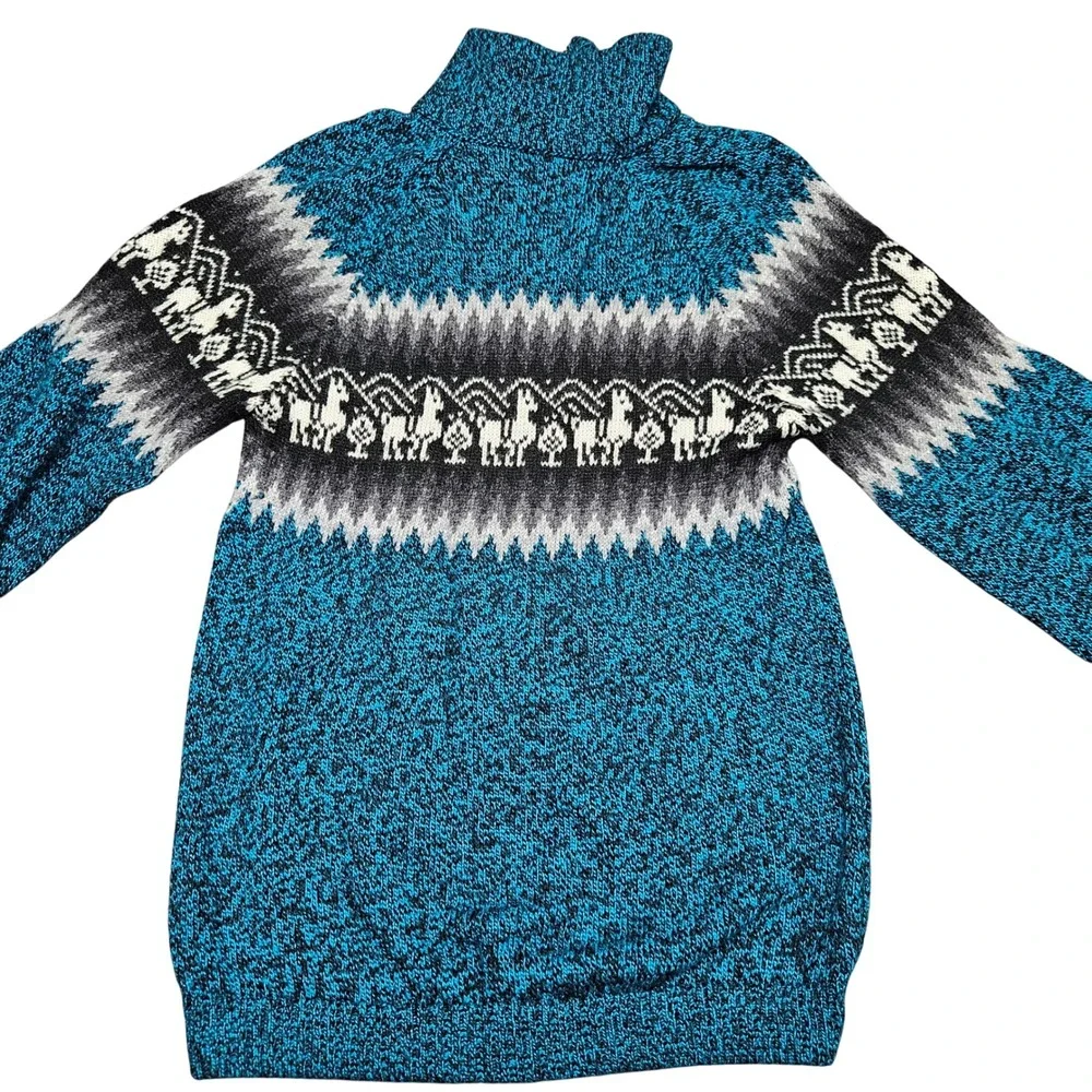 Vintage Llama Knit Half‎ Zip Sweater Medium Blue Black Marled Pattern Pullover